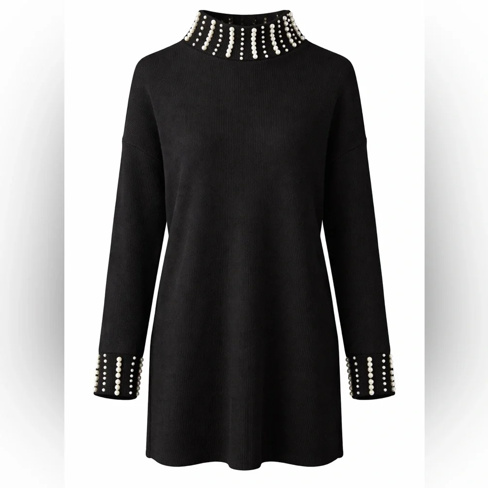 Pearl Embellished Mock Neck Black Sweater Dress Long Sleeve Size M | LBD - Picture 3 of 4